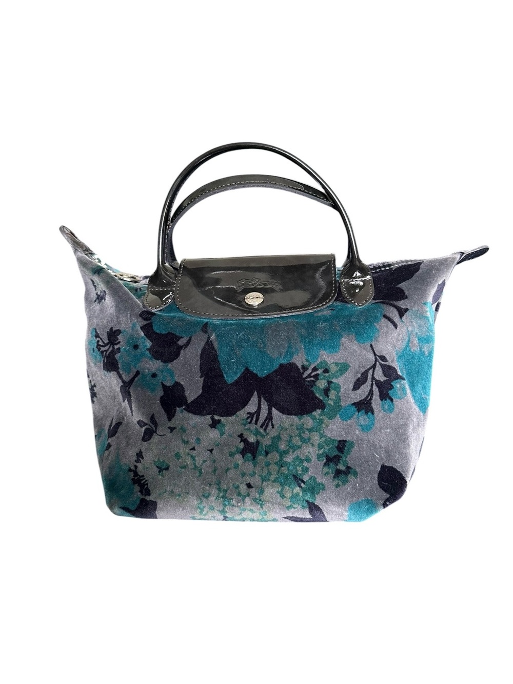 Longchamp grey & blue floral velvet top handled tote bag luxury